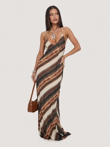 Sleeveless backless maxi dress with tie-dye striped print and deep V-neck halter design