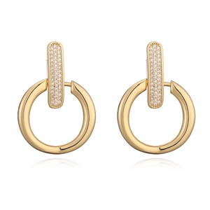 Minimalist 18K gold plated hoop earrings with vertical zircon-encrusted bar detail