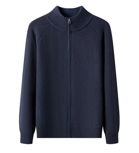 Detailed view of the metal zipper and ribbed texture on the navy blue knit cardigan