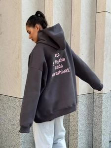 Oversize dark grey hoodie for women featuring pink letter print and premium thick cotton fabric