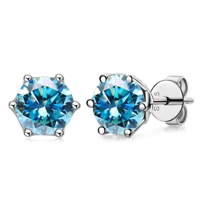 Macro detail of classic six-prong blue moissanite earrings in S925 sterling silver