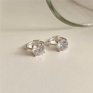 925 Sterling Silver Hoop Earrings Four Prong Round Zircon Geometric Minimalist Korean Style Jewelry For Women