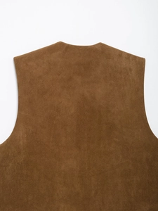 Back view of brown faux suede vest showing smooth texture and high-quality tailoring
