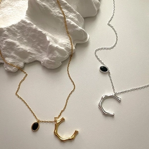 Collana In Argento Sterling 925 Con Pendente Lettera C Trama Bambù E Gemma Nera Ovale Vintage Minimalista Per Donna