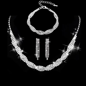 Elegant silver rhinestone jewelry set with braided twisted rope necklace and earrings
