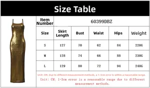 Detailed size chart for backless camisole dress showing length, bust, and waist measurements