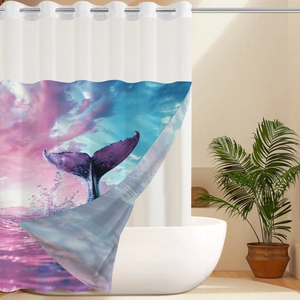 Detail of whale tail ocean print on waterproof fabric with metal eyelets for shower curtain