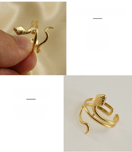 Detailed view of adjustable 18K gold-plated stainless steel snake ring with textured coils