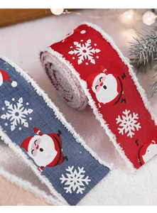 Macro detail of Christmas ribbon with Santa Claus patterns and white plush edges