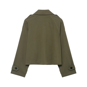 Back view of army green double-breasted short trench coat with drop shoulder details