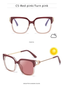 Detail of photochromic square sunglasses showing indoor clear to outdoor pink lens effect