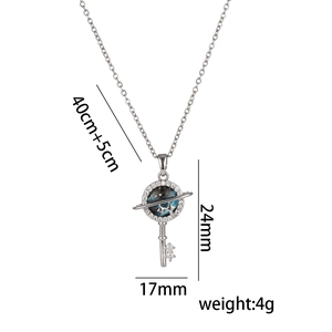 Titanium steel planet key necklace with blue starry pattern and crystal accents