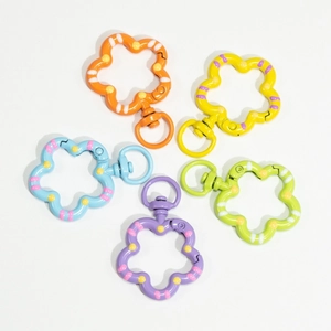 Colorful flower-shaped metal spring clasps with polka dots for DIY keychains