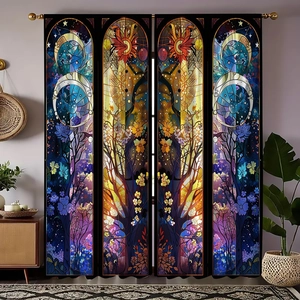 Detail view of polyester blackout curtains with mystical sun, moon, and floral patterns