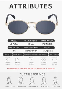 Size chart and technical specifications for oval metal frame sunglasses model LB-A3173