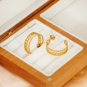Vintage 18K gold plated double-layer chain and bead earrings on a velvet display