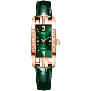 Elegant square quartz watch for women with green leather strap and rose gold case