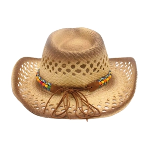Brown gradient hollow weave straw cowboy hat with colorful beads and leather strap