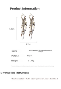 Detailed technical diagram showing 8.9cm gold-plated leaf tassel earrings with size markers