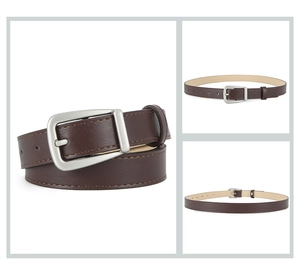 Three-view detail of deep brown PU leather belt with silver pin buckle on white background