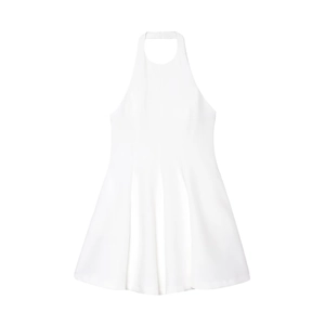 Detail of white halter neck dress featuring a flowy A-line silhouette and ruffled hemline
