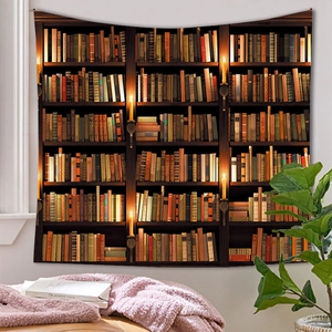 Detail of vintage bookshelf wall tapestry showing dark academia library aesthetic for rooms