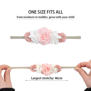 Detail of stretchable baby floral headband showing high elasticity and soft nylon fabric