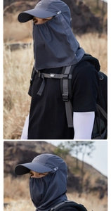 Close-up of dark grey sun hat featuring breathable mesh mask and neck flap for outdoors