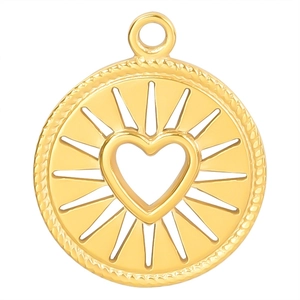 Gold stainless steel sunburst heart pendant necklace charm with rope edge and 18k plating