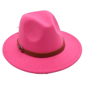 Detailed side view of a rose red felt fedora hat featuring a brown leather decorative belt