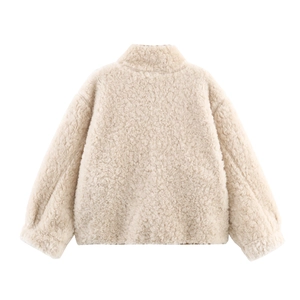 Back view of a beige sherpa fleece jacket with high-density texture and stand collar