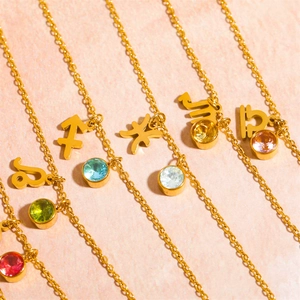 Gold stainless steel zodiac bracelets with colorful round birthstones and charms