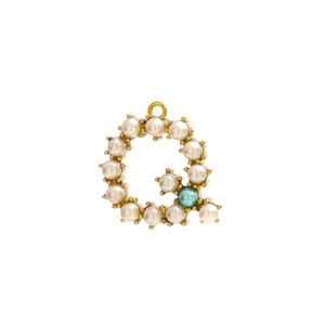 Detailed view of Letter Q pendant with white pearls and blue bead in gold plating