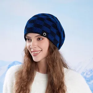 Winter checkered knit beanie hat with blue and black fleece lining for outdoor warmth