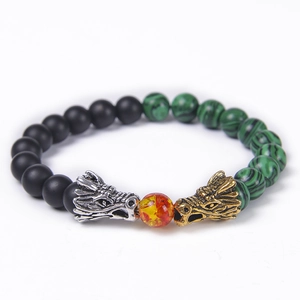 Macro detail of natural stone dragon bracelet with matte black and green tiger eye beads