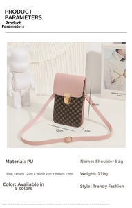 Detail view of pink PU leather crossbody phone bag with classic pattern print and strap
