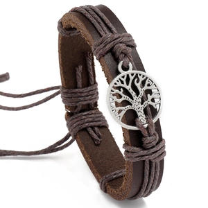 Tree Of Life Pendant Woven Cowhide Leather Bracelet Braided Hemp Rope Adjustable Drawstring Retro Punk Style Unisex Jewelry