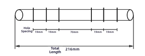 Detailed technical drawing of 216mm six-ring metal binder mechanism with dimensions