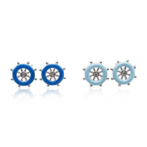Nautical S925 sterling silver ship wheel stud earrings with blue enamel and crystals