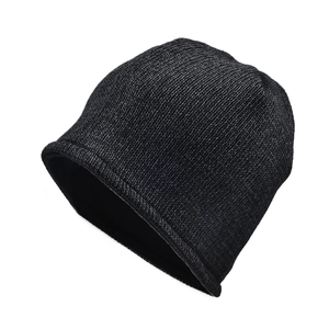 Detail of thick knit beanie with reflective thread and warm fleece lining for winter