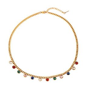 Gold stainless steel sweater necklace featuring multi-color teardrop crystal pendants