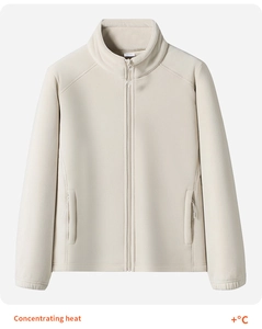 Detail of cream fleece jacket featuring stand collar and smooth functional zipper