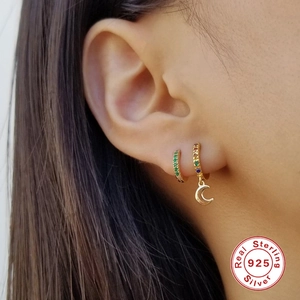 925 Sterling Silver gold hoop earrings with green zircon and moon pendant charm
