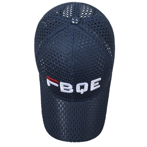Navy blue breathable mesh baseball cap featuring white 3D embroidery and red stripe detail