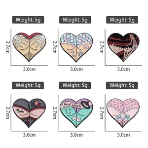 Set of six Gothic heart-shaped enamel pins featuring skeleton hands and witchy designs