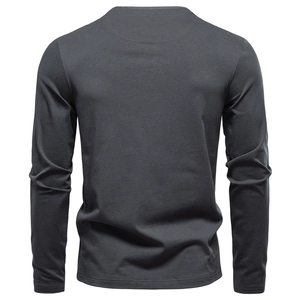 Rear view of a charcoal gray long-sleeved Henley T-shirt in premium slim-fit fabric