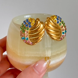 Vintage gold spiral earrings set with emerald cut colorful oval zircon stones