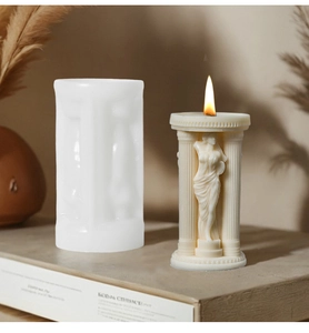 Detailed view of Athena Goddess silicone mold with a finished classical roman pillar candle