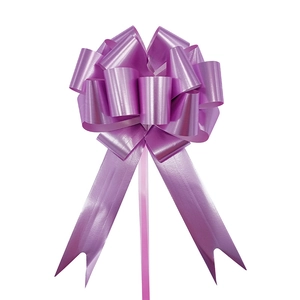 Close-up of a glossy purple 3D metallic pull bow for Christmas gift box decoration