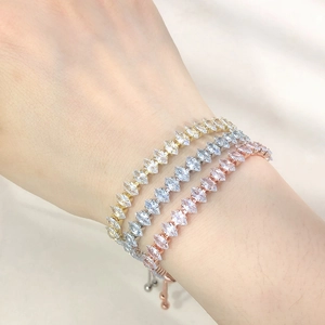 Adjustable marquise cut tennis bracelets in gold, silver, and rose gold finishes